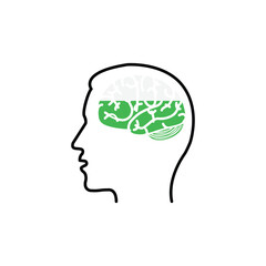 thin line head with brain like education. flat outline stroke style logo graphic art design on white background. cognitive ability, intellectually activity or