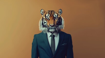 Surreal tiger in a business suit against a brown background in daylight.