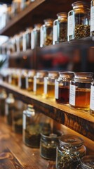 Shelves filled with jars of various types of tea and other items.  Vertical background 