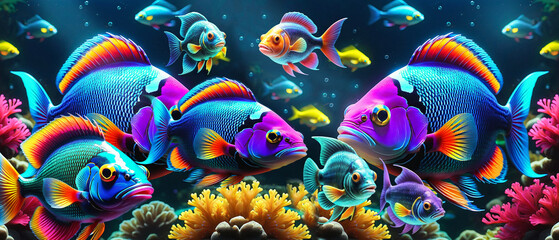 Neon glowing fish. Illustration marine life with exotic, vibrant colorful, beautiful school of fish underwater in the ocean sea for background, wallpaper, banner.