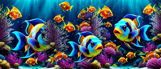 Neon glowing fish. Illustration with exotic, vibrant colorful, beautiful school of fish underwater in the ocean sea for background, wallpaper, banner.