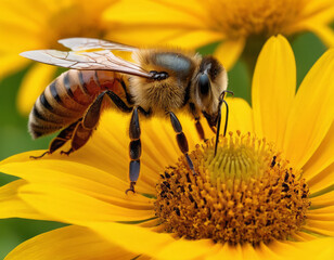 Un'ape che si posa su un fiore di tarassaco.
