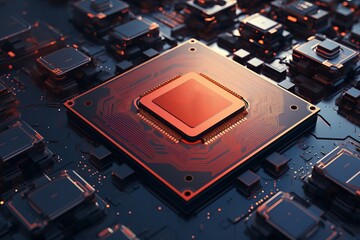 High-tech central processing unit (cpu) on a circuit board with other microchips around