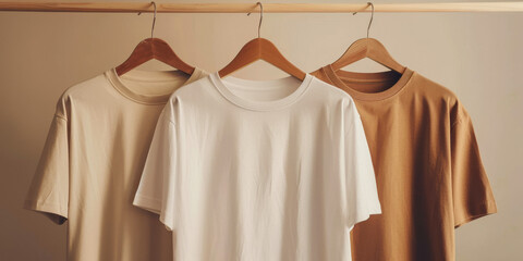 Neutral T Shirts on Wooden Hangers Against Beige Background   Minimalist Fashion