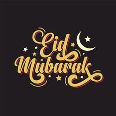 Eid Mubarak beautiful calligraphy design with moon, stars and gold lettering. Islamic religious holiday Eid al Adha greeting card, poster, banner, template design. Eid typography logo on black backgro