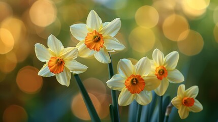 Vibrant Cluster of Daffodils with Bright Orange Centers Set Against a Beautiful Bokeh Background, Highlighting the Elegance and Charm of Springtime Blooms.