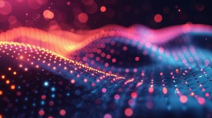 Vibrant digital wave particles in blue and red tones