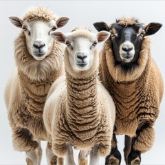 Fototapeta premium A sheep, a camel, and a goat, full, on white background. Generative AI.