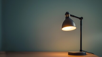 Modern black desk lamp illuminating a wooden workspace at night.