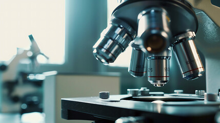 Close up microscope in laboratory. Modern Technology of medical research and testing equipment concept.