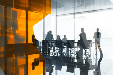 Business people meeting in a conference room, collaborative activism, light gray and dark amber
