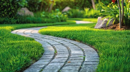 Obraz premium curved green landscape with paved walkway lush grass and turf architectural gardening design