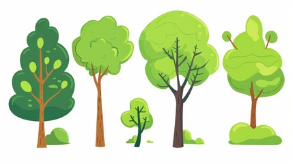 A cartoon tree set isolated on a white background. Clean modern style. Cute green plants on a forest background. Flat style modern illustration.