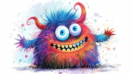 Fototapeta premium cute cartoon monster with colorful fur and friendly smile childrens book illustration