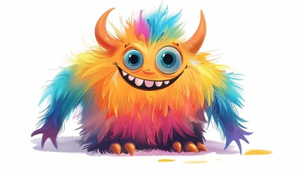Fototapeta premium cute cartoon monster with colorful fur and friendly smile childrens book illustration