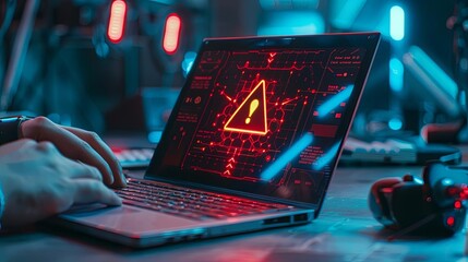 cyber security alert it programmer using laptop with caution warning sign virus detection concept
