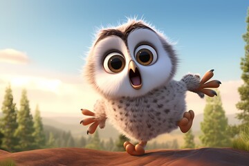 Cute owl cartoon is jumping high in the air