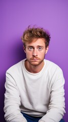 Violet background sad european white man realistic person portrait of young beautiful bad mood expression man Isolated on Background depression anxiety