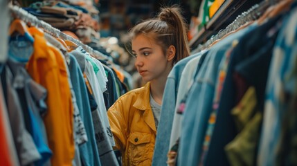 Fototapeta premium Young woman browsing vintage clothing racks at thrift store in daylight.