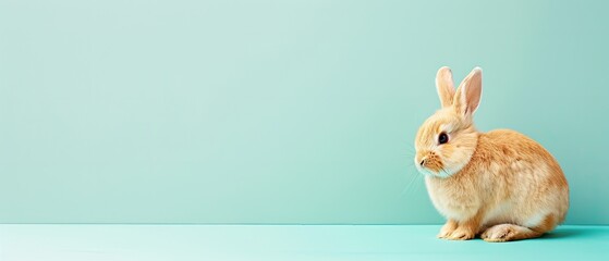 Obraz premium Cute rabbit with ample copyspace on a teal background