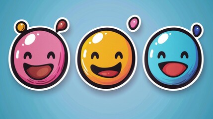 Fun comic character art and quote sign patch bundle with colorful happy smiling face shape set.