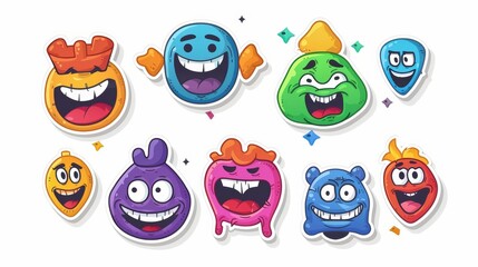 This is a vibrant set of colorful smiling faces label shapes. There is also a bunch of funny comic character art and quotes patches. There is an attractive slang word sign and catchphrase sign too.