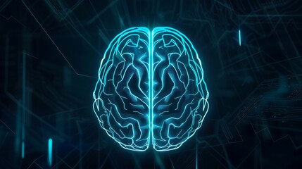 Brain icon from glowing blue lines on dark background with copy space. Human brain hologram, for futuristic medical and health care technology concept.