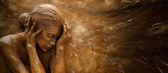Sad woman with hands on head, carved in wood.