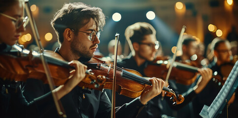 Fototapeta premium Symphony musicians playing on stage, warm dark light environment, clean background. Generative AI.
