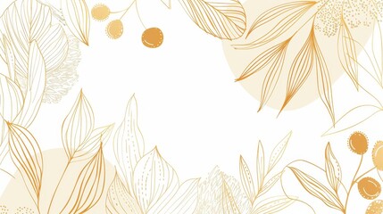 A modern set of abstract lines with organic shapes. Flowers, buds, nuts. Golden on white with an asian style background.