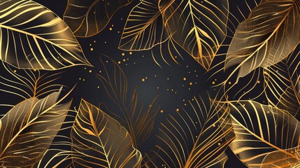 Gold leaf background pattern, floral abstract luxury art deco design. Elegant jungle line illustration. Tropical summer ornament.
