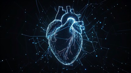 Heart icon from glowing blue lines on dark background with copy space. Human heart hologram, for futuristic medical and health care technology concept.