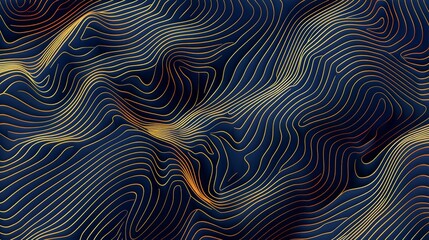 Modern graphic illustration with geometric art shapes, organic texture map, topography in gold on dark blue.