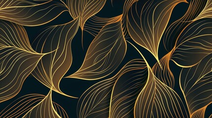 Modern linear golden leaves art deco pattern. Japanese style botanical illustration with gold line. Floral plant luxury texture, elegant wallpaper. Vintage decor print.
