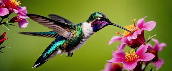Fototapeta premium Nature Hummingbird Hovering Over Flowers A vibrant