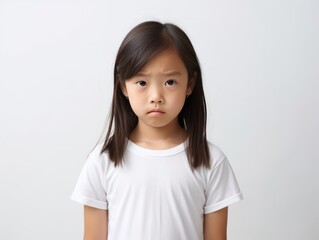 White background sad Asian child Portrait of young beautiful in a bad mood child Isolated on Background, depression anxiety fear burn out health 