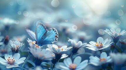 The background is a blue blossom plant with a butterfly in the garden in spring. Generative AI.