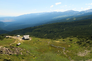 View from the Seven Rila Lakes Plateau onto the Rila Lakes Chalet and the lift station, Rila...
