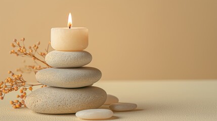 Peaceful evening meditation setup with candle and zen stones indoors.