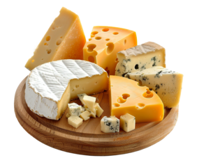 Cheese selection on wooden board, transparent background