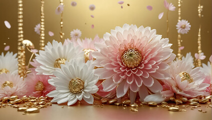 Banner with stunning, pink golden chrysanthemum flowers