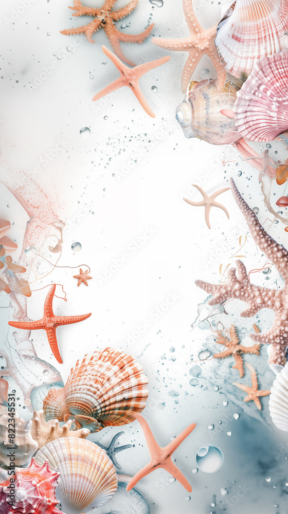 Sticker starfish and shell poster frame with copy space and coral elements in soft hues