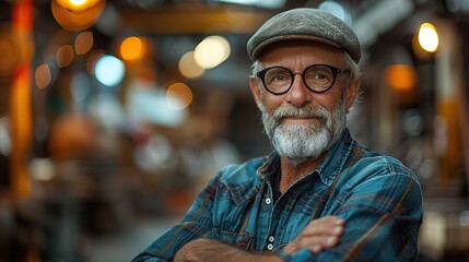 Obraz premium older owner engineer with beard mustache on face standing smile with his arms crossed at construction factory site.stock image