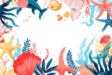 Fototapeta premium Colorful seashell frame with copy space and various sea elements in watercolor style