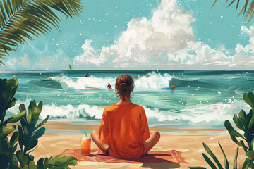 Illustration of a person sitting on a beach blanket, watching the surfers, with a cocktail in one hand and a relaxed expression,
