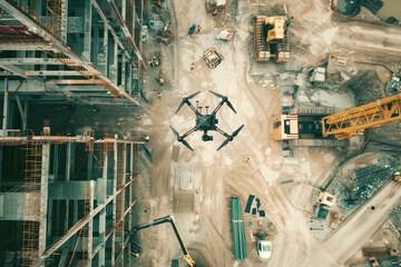 A drone hovering over a large construction site, capturing aerial views of the layout and ongoing work, with workers and machinery in action below.