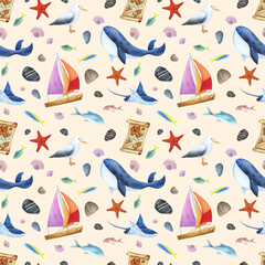 Sea animals, whale, stingray, fish, map, ship, shells, stones on a light background. Watercolor illustration. Seamless pattern. For fabrics, textiles, wallpaper, wrapping paper, design