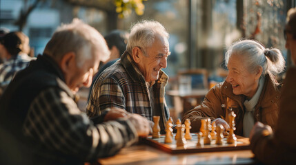 Elderly Friends Playing Chess and Sharing Laughter in a Sunny Park Setting