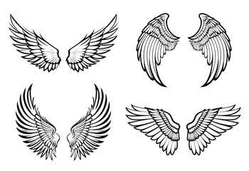 Obraz premium Set of skilfully drawn silhouette eagle wings. Illustration art of angel wings set. Wings set for t-shirt elements, coloring page vector. Bird wings sign flat illustration.