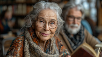 Portrait of a Smiling Elderly Woman with Glasses in a Library with Friends